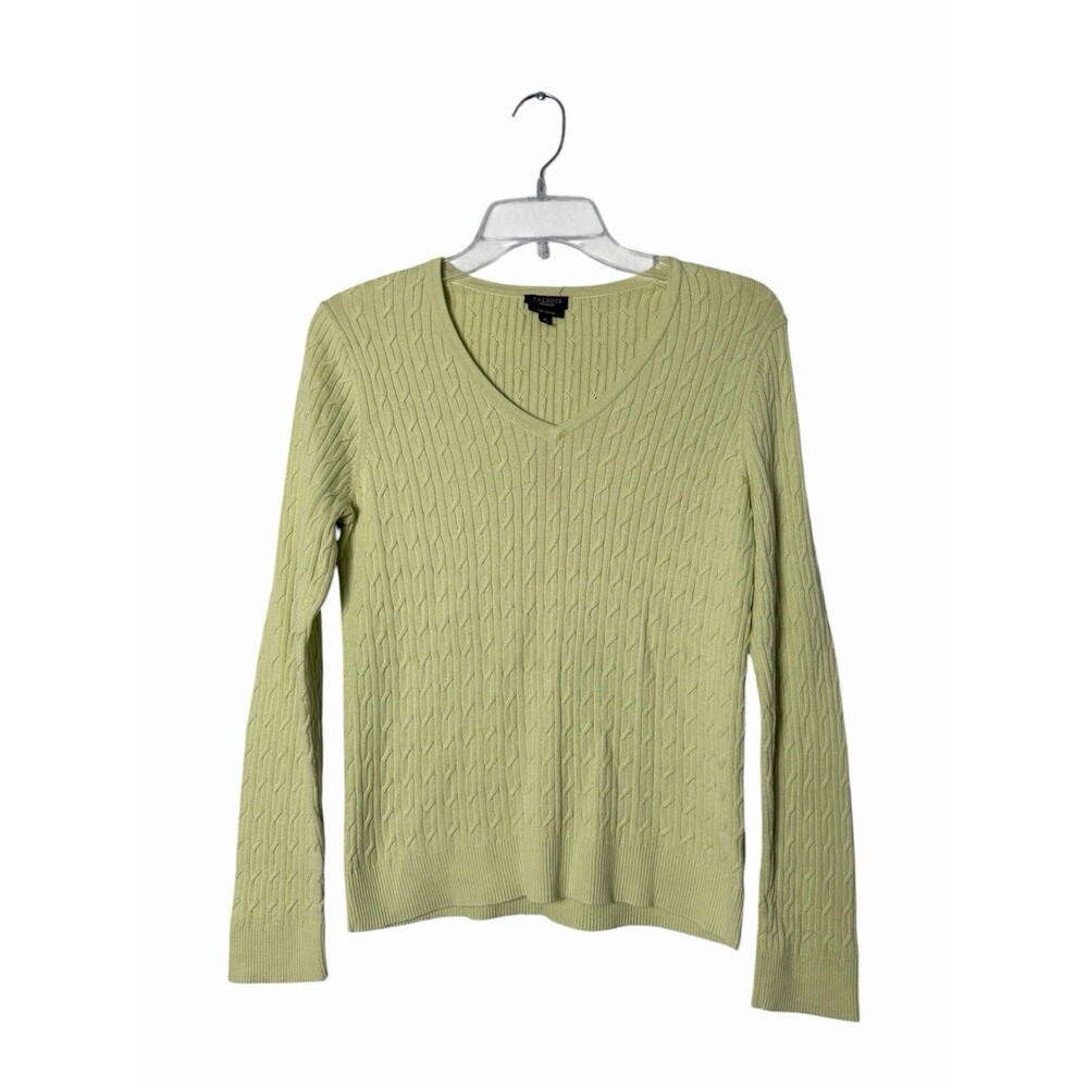Talbots Lime Green Cable Knit V-Neck Sweater Long Sleeve Pullover Cozy Preppy M